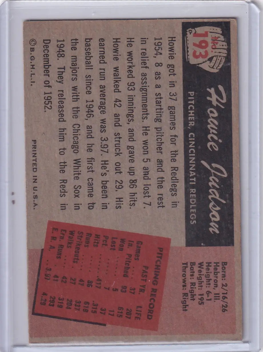 Vintage Bowman Baseball card of Howie Judson Cincinnati Redlegs pitcher with career stats