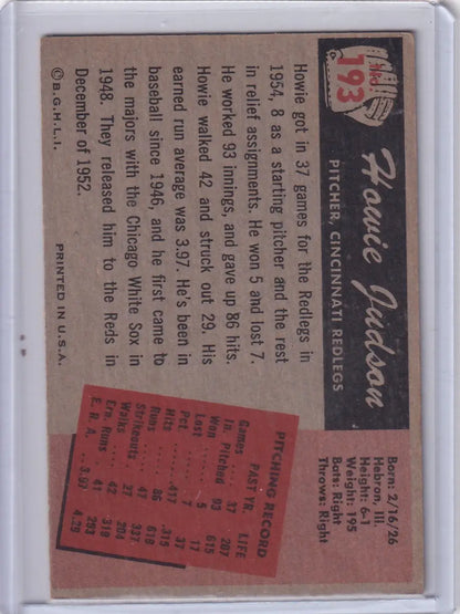 Vintage Bowman Baseball card of Howie Judson Cincinnati Redlegs pitcher with career stats