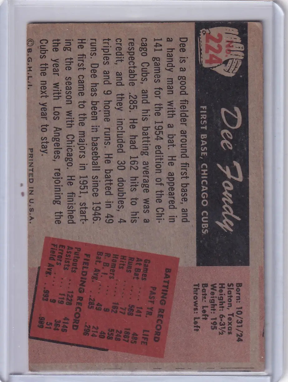 Vintage Bowman Baseball card featuring Dee Fondy of the Chicago Cubs with stats