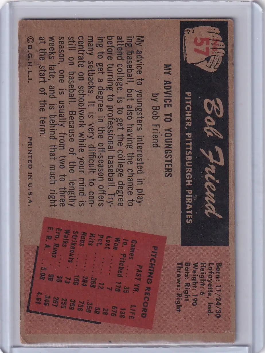 Vintage Bob Friend 1955 Bowman Baseball card featuring Pittsburgh Pirates pitcher