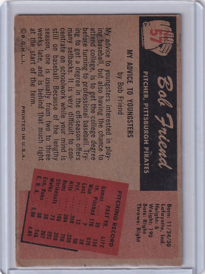 Vintage Bob Friend 1955 Bowman Baseball card featuring Pittsburgh Pirates pitcher