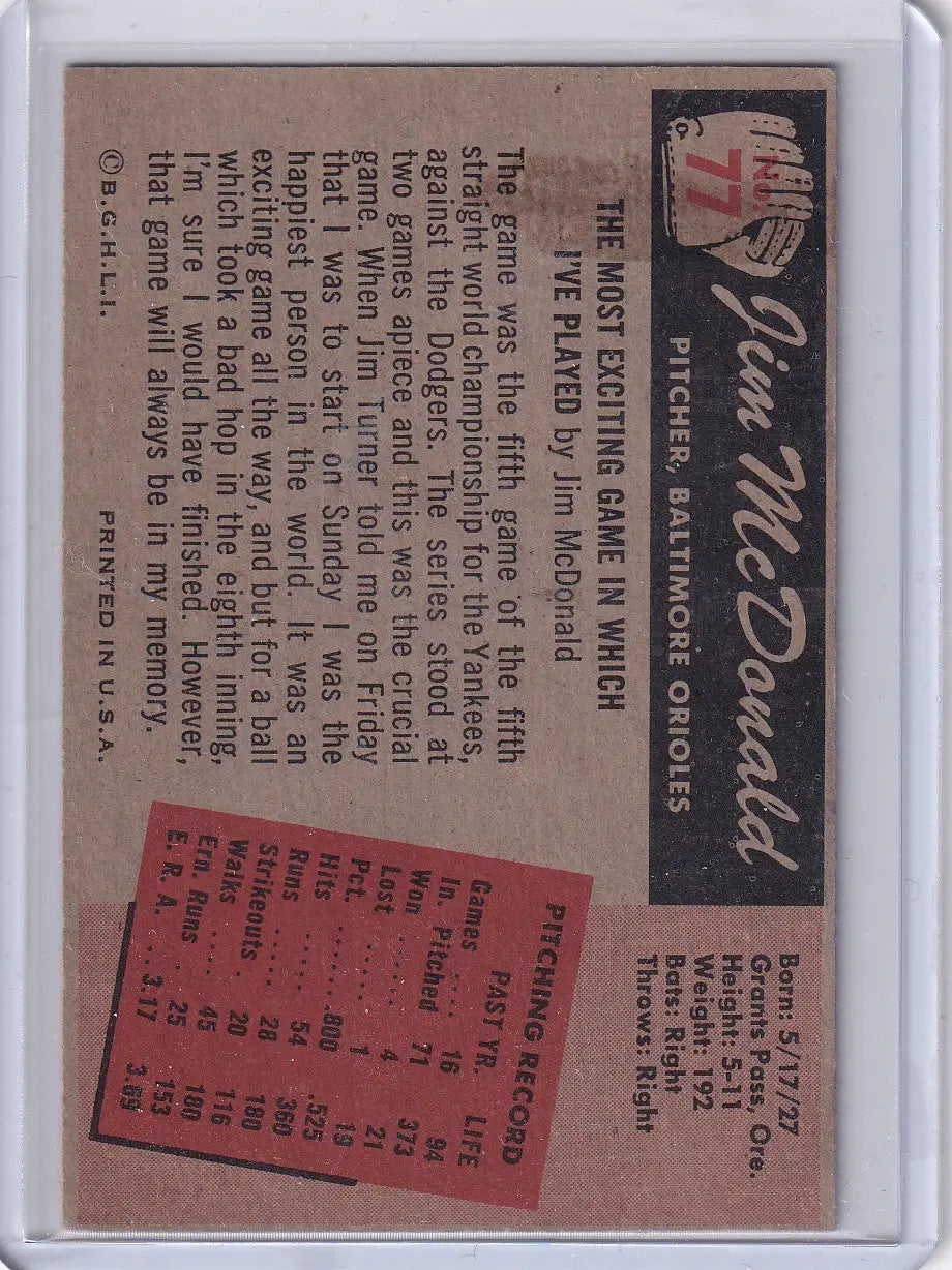 Vintage Jim McDonald Bowman Baseball card featuring Baltimore Orioles rookie from 1955