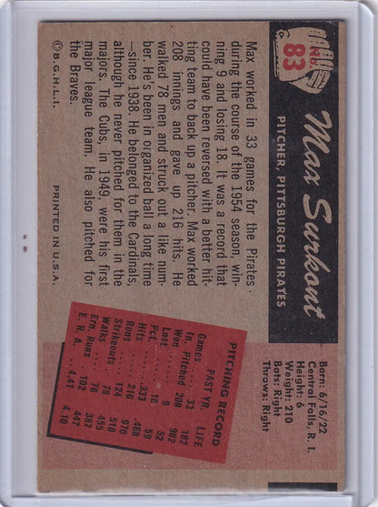 Vintage 1955 Bowman Baseball card of Max Surkont from Pittsburgh Pirates collection