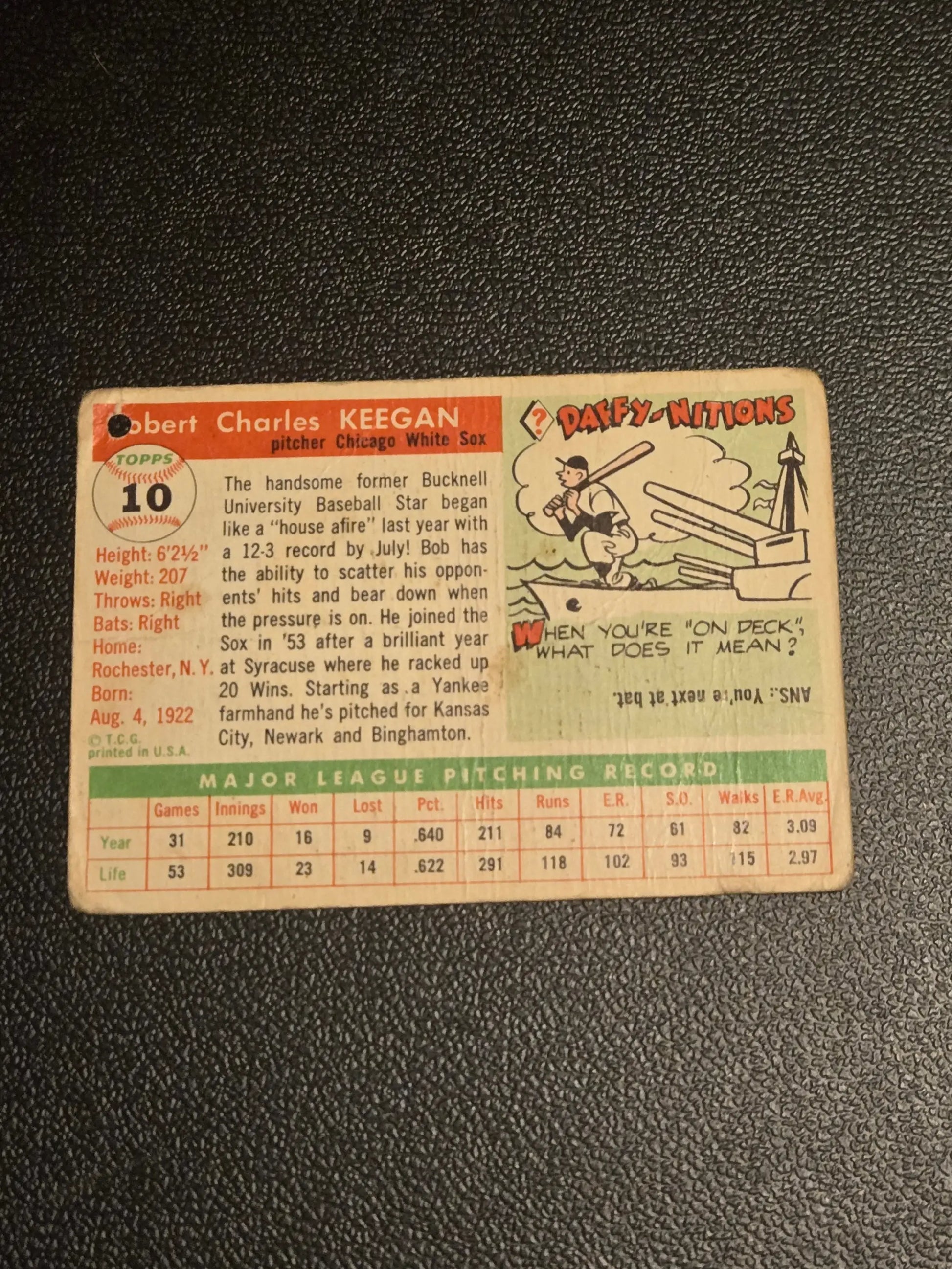 Vintage 1955 Topps Bob Keegan baseball card with player stats and biographical info