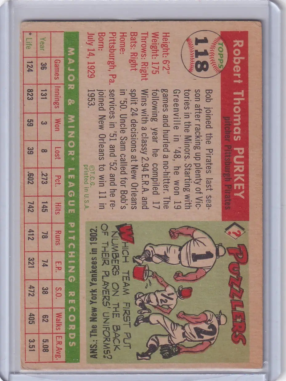 Vintage baseball card of 1955 Topps #118 Bob Purkey - Pittsburgh Pirates collectible