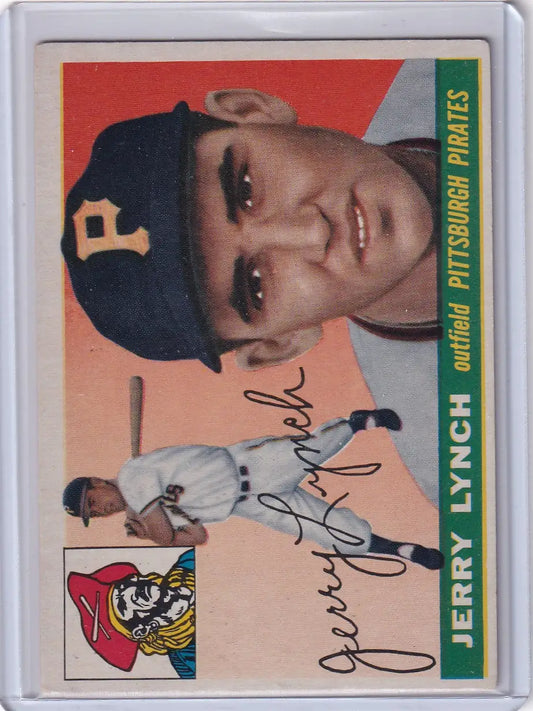 Vintage 1955 Topps Jerry Lynch Pittsburgh Pirates card with signature and orange background