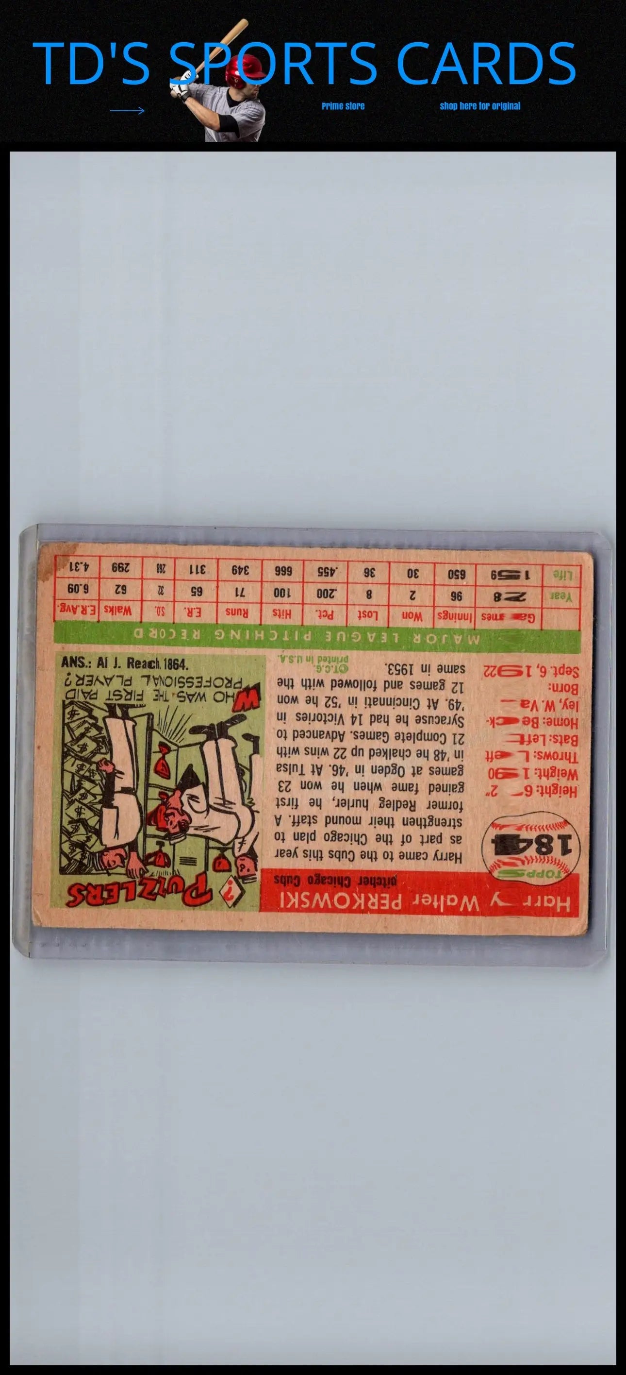 Vintage baseball card featuring Harry Perkowski from 1955 Topps trading cards