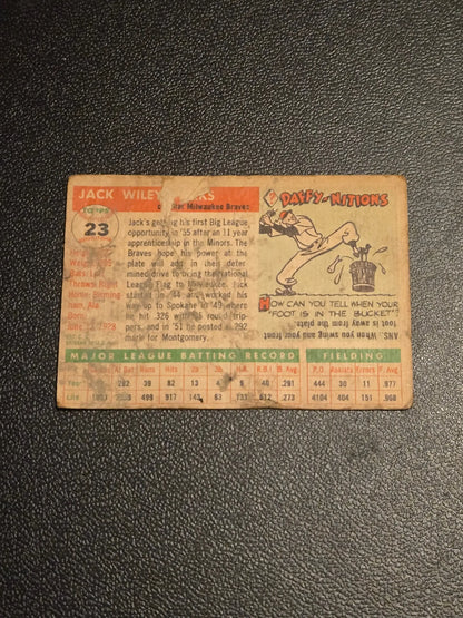 Aged 1955 Topps Jack Parks baseball trading card with cartoon illustration