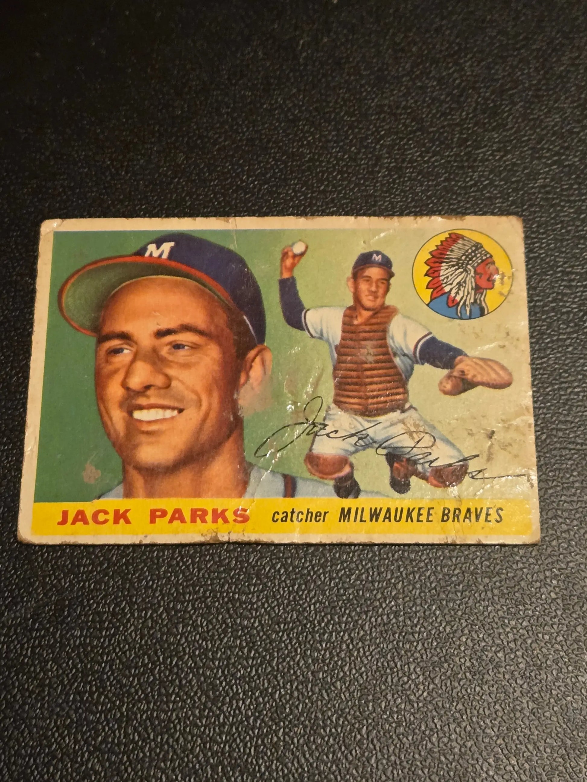 Vintage 1955 Topps Jack Parks baseball card featuring Milwaukee Braves catcher