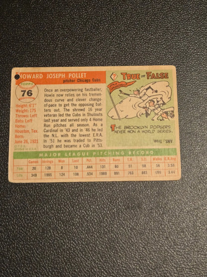 Vintage 1955 Topps #76 Howie Pollet baseball card with player profile and pitching record