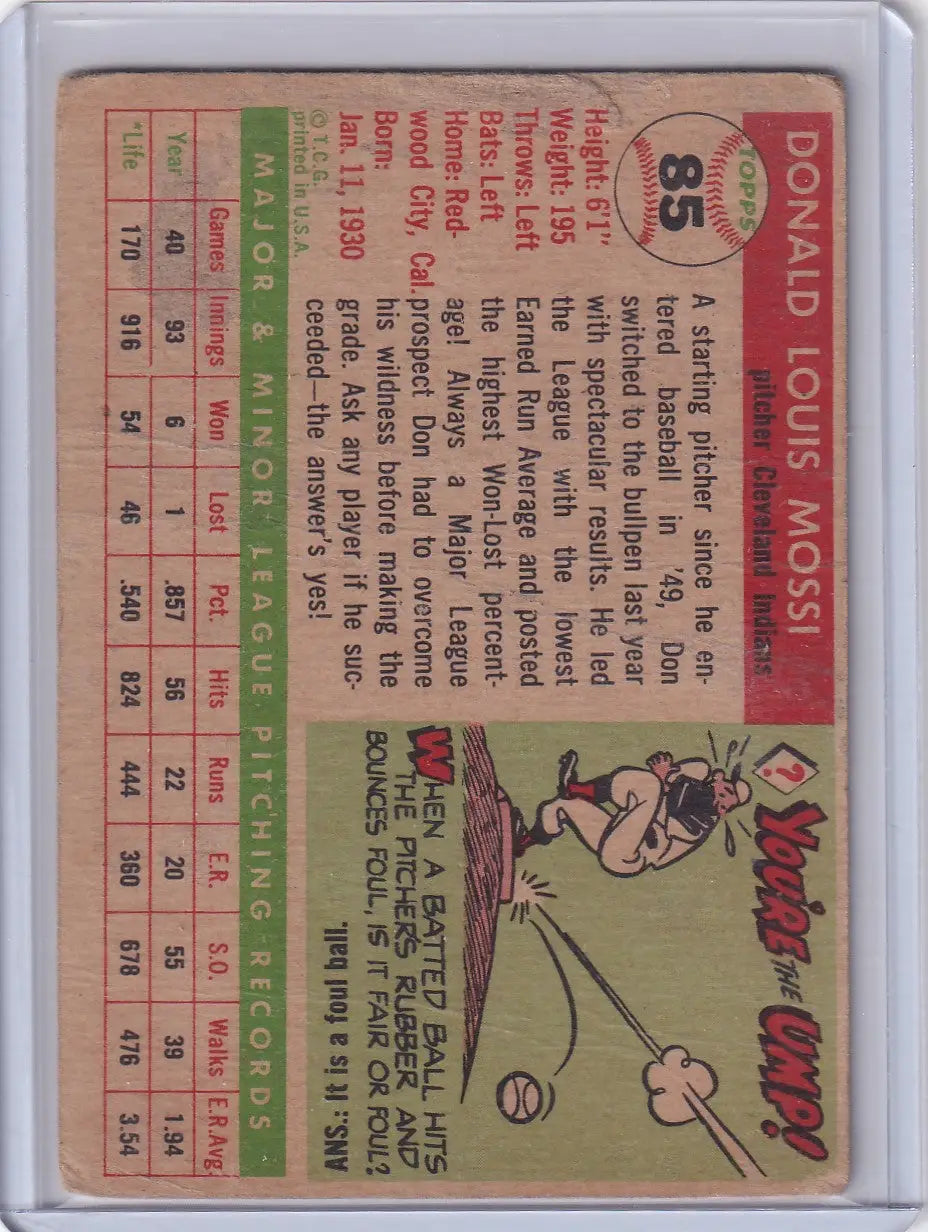 Vintage 1955 Topps Don Mossi trading card back with stats and cartoon illustration