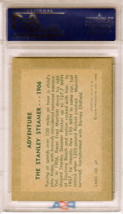 Vintage trading card of Stanley Steamer from 1956 Adventure Gum by Columbia Hobby