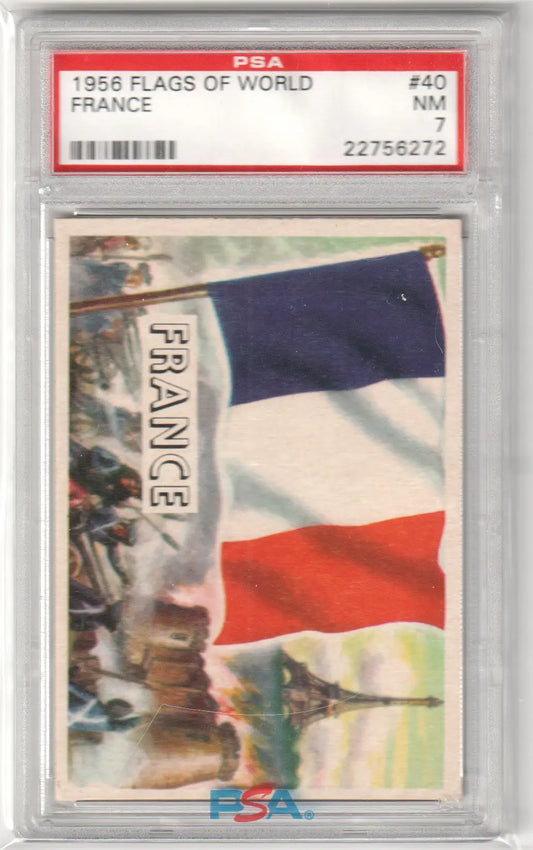 Graded 1956 France Flags of World trading card displayed in 1956 Flags Of World France PSA 7 NM