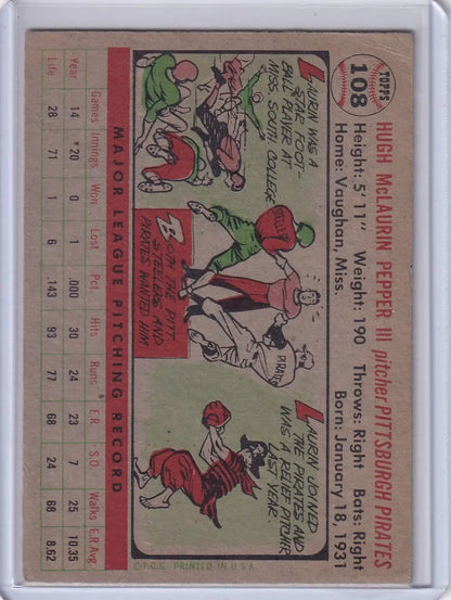 Vintage baseball card of Laurin Pepper from the Pittsburgh Pirates 1956 Topps collection