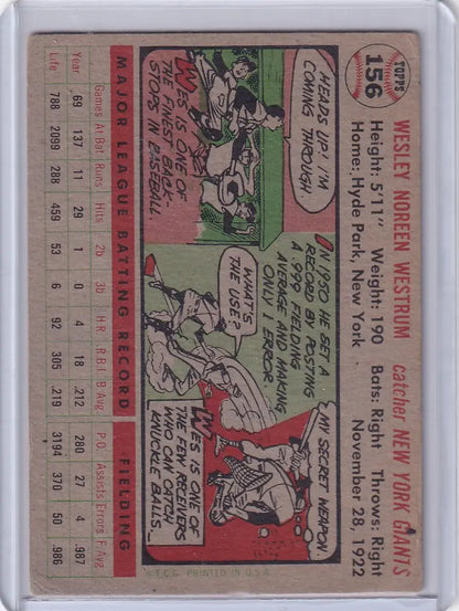 Vintage baseball card of Wes Westrum showcasing New York Giants player statistics