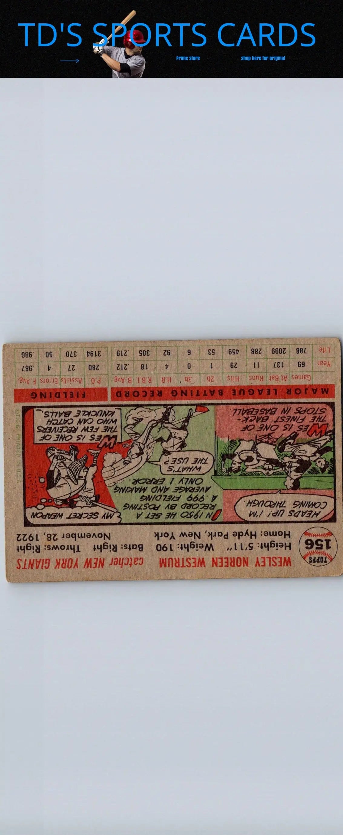 Vintage baseball card of 1956 Topps #156b Wes Westrum Gray Back collectible item