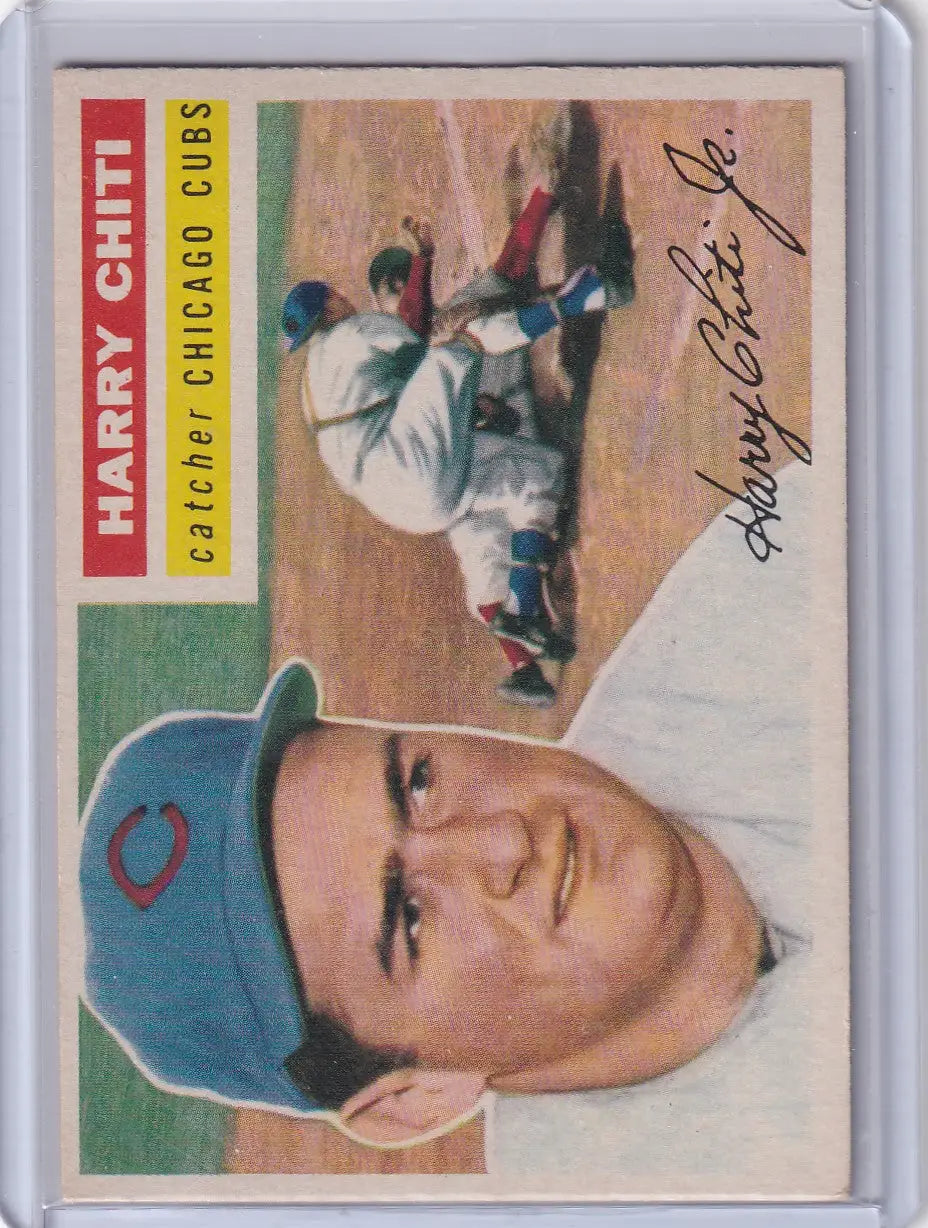 Vintage 1956 Topps Harry Chiti Chicago Cubs baseball card featuring catcher