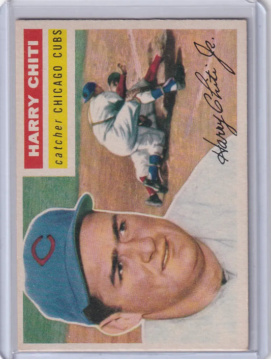 Vintage 1956 Topps Harry Chiti Chicago Cubs baseball card featuring catcher