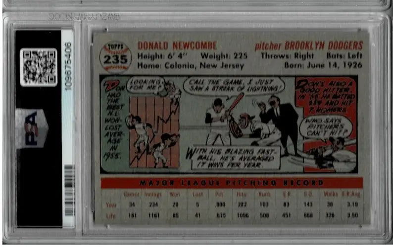 Graded 1956 Topps Donald Newcombe Brooklyn Dodgers baseball card PSA 8 NM/MT