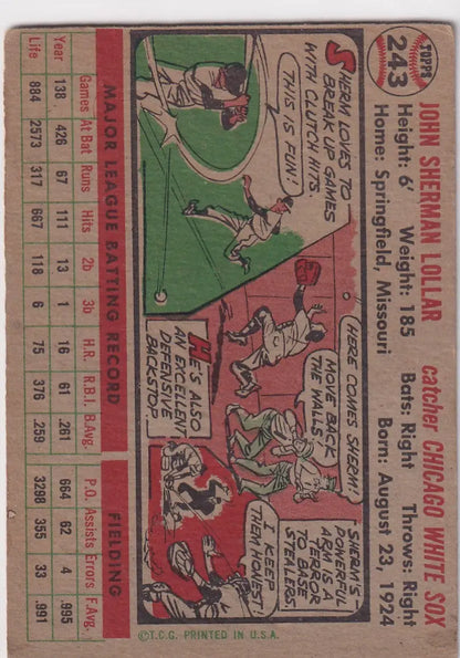 Vintage 1956 Topps Sherm Lollar baseball card featuring Chicago White Sox illustrations