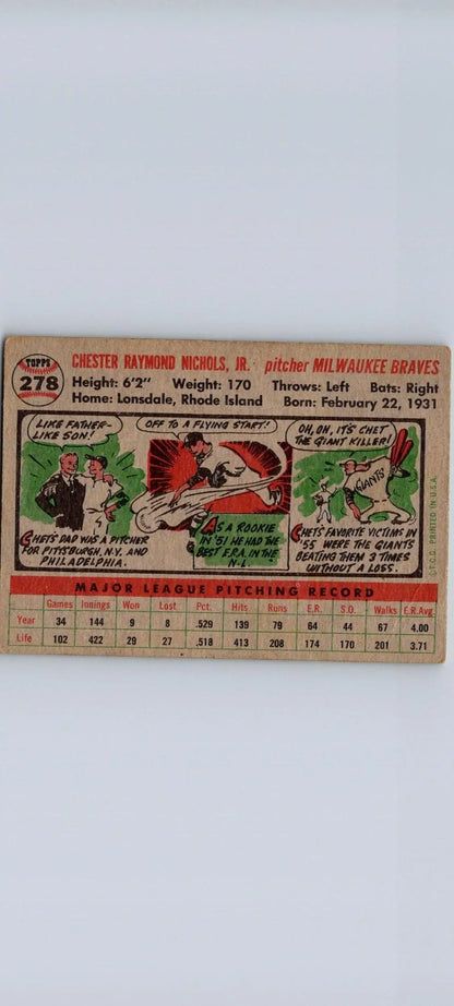 Vintage 1956 Topps #278 Chet Nichols baseball card for trading card collectors