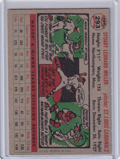 Vintage baseball card of Stu Miller of the St. Louis Cardinals from 1956 Topps