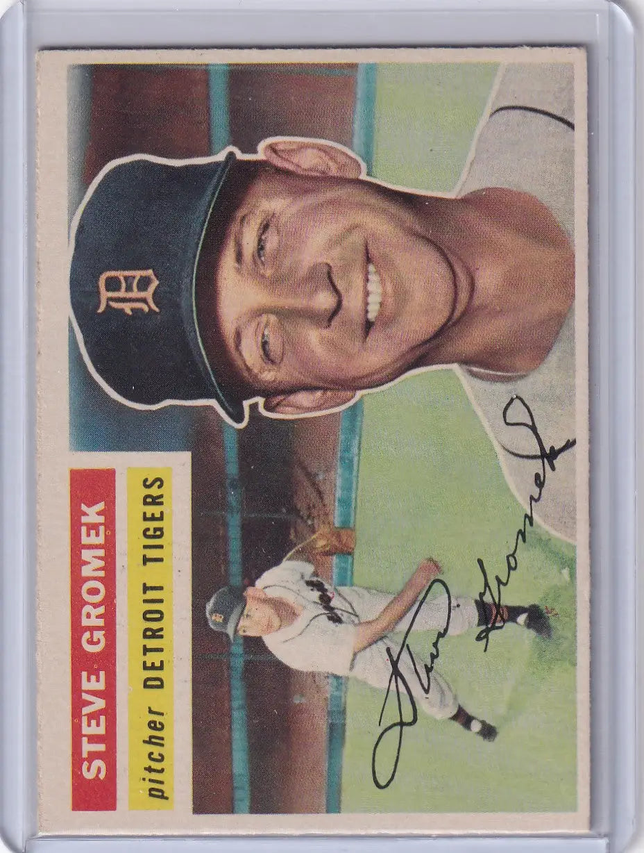 Vintage 1956 Topps Steve Gromek Detroit Tigers baseball card with printed autograph