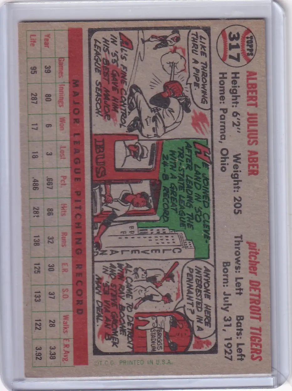 Vintage 1956 Topps Al Aber Detroit Tigers baseball card with pitching stats and bio