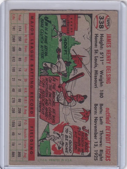 Vintage 1956 Topps Jim Delsing Detroit Tigers baseball card with career stats and cartoon illustration