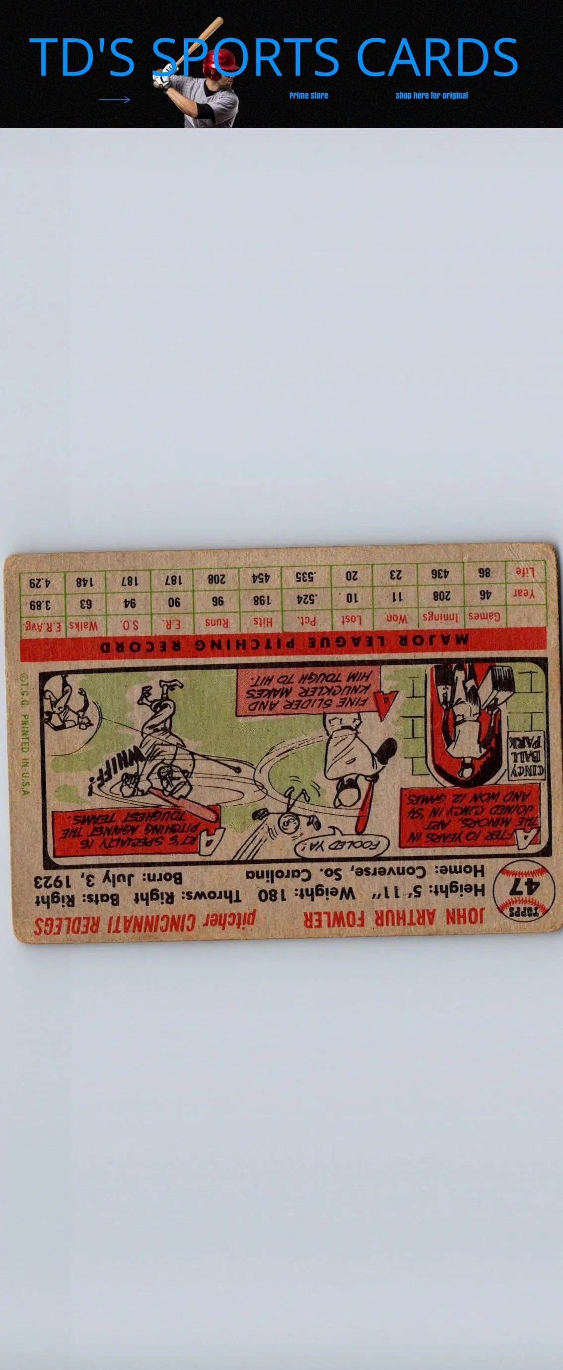 Vintage baseball card of 1956 Topps #47b Art Fowler Gray Back collectible item