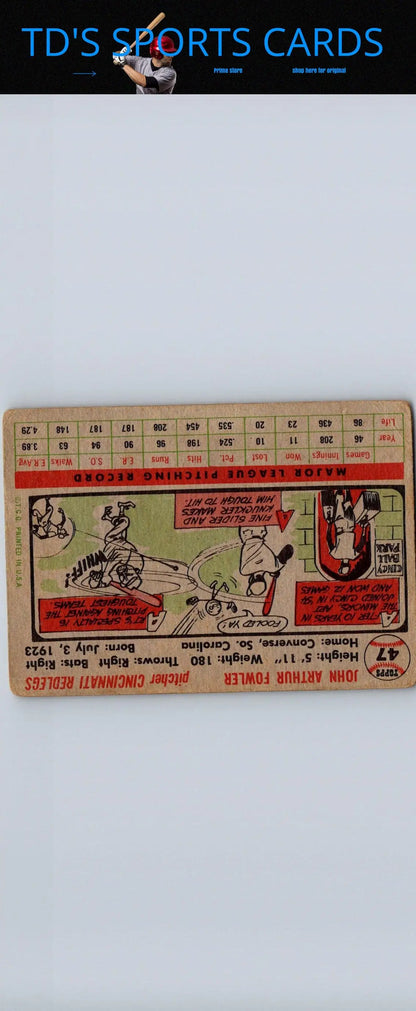 Vintage baseball card of 1956 Topps #47b Art Fowler Gray Back collectible item