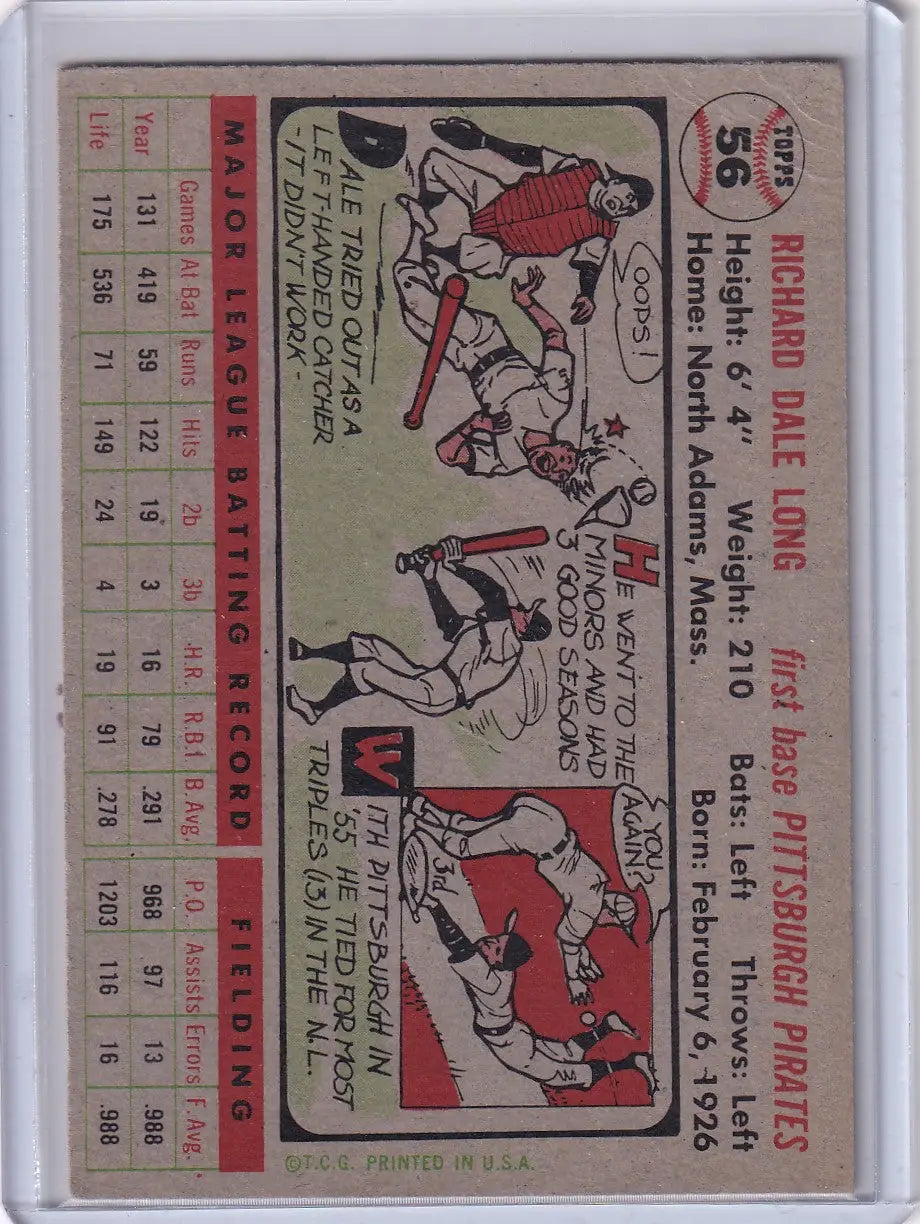 Vintage 1956 Topps Dale Long baseball card featuring Pittsburgh Pirates player