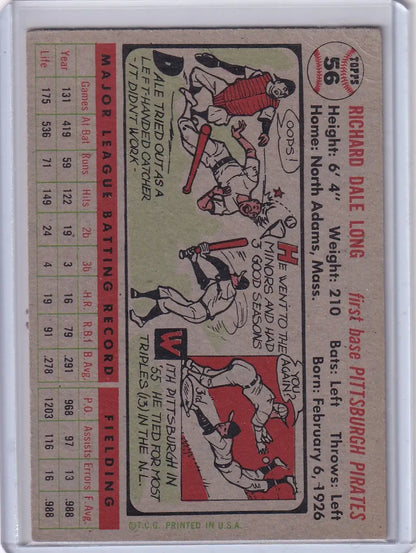 Vintage 1956 Topps Dale Long baseball card featuring Pittsburgh Pirates player