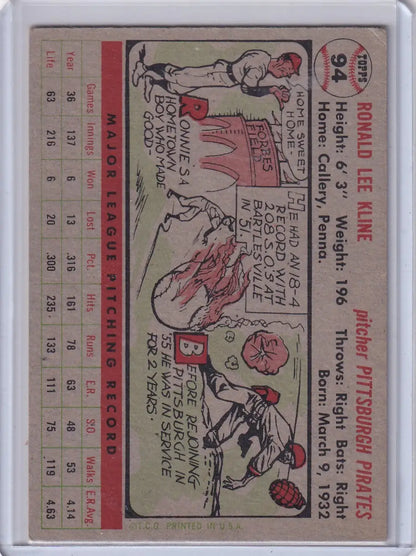 Vintage baseball card of Ron Kline from the Pittsburgh Pirates 1956 Topps #94
