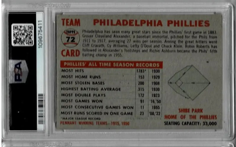 1956 Topps Baseball #72 Philadelphia Phillies Team Centered PSA 4 VG-EX