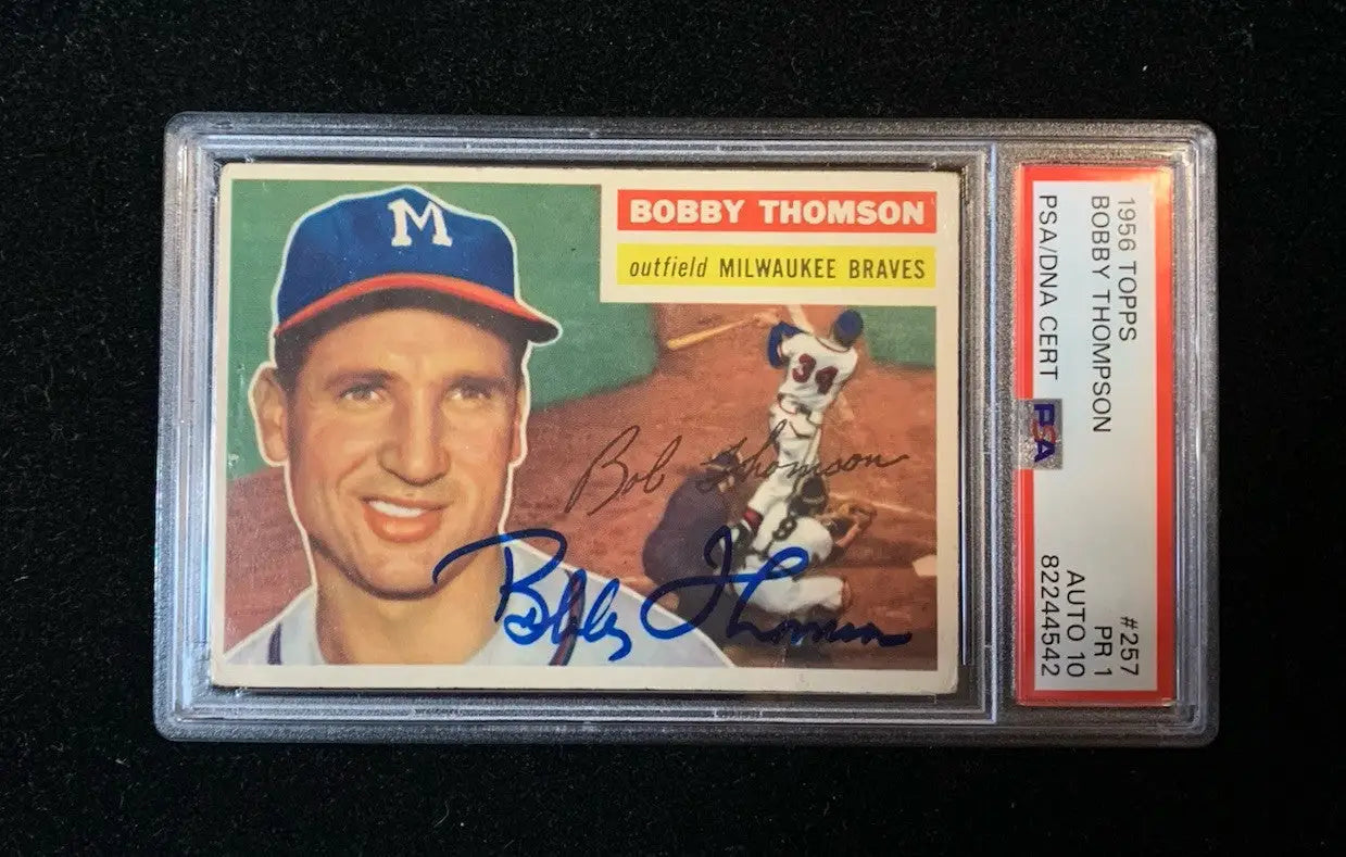 Graded Bobby Thomson baseball card with autograph from 1956 Topps Bobby Thompson
