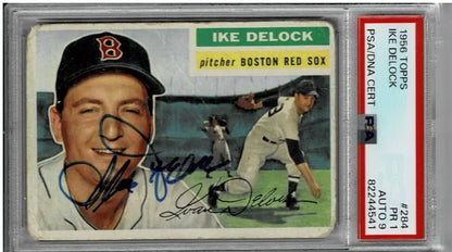 Autographed 1956 Topps Ike Delock baseball card graded PSA/DNA, a rare Major League Baseball collectible