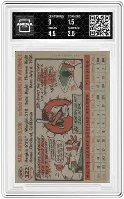 Graded vintage Topps Karl Olson baseball card from 1956 in excellent condition