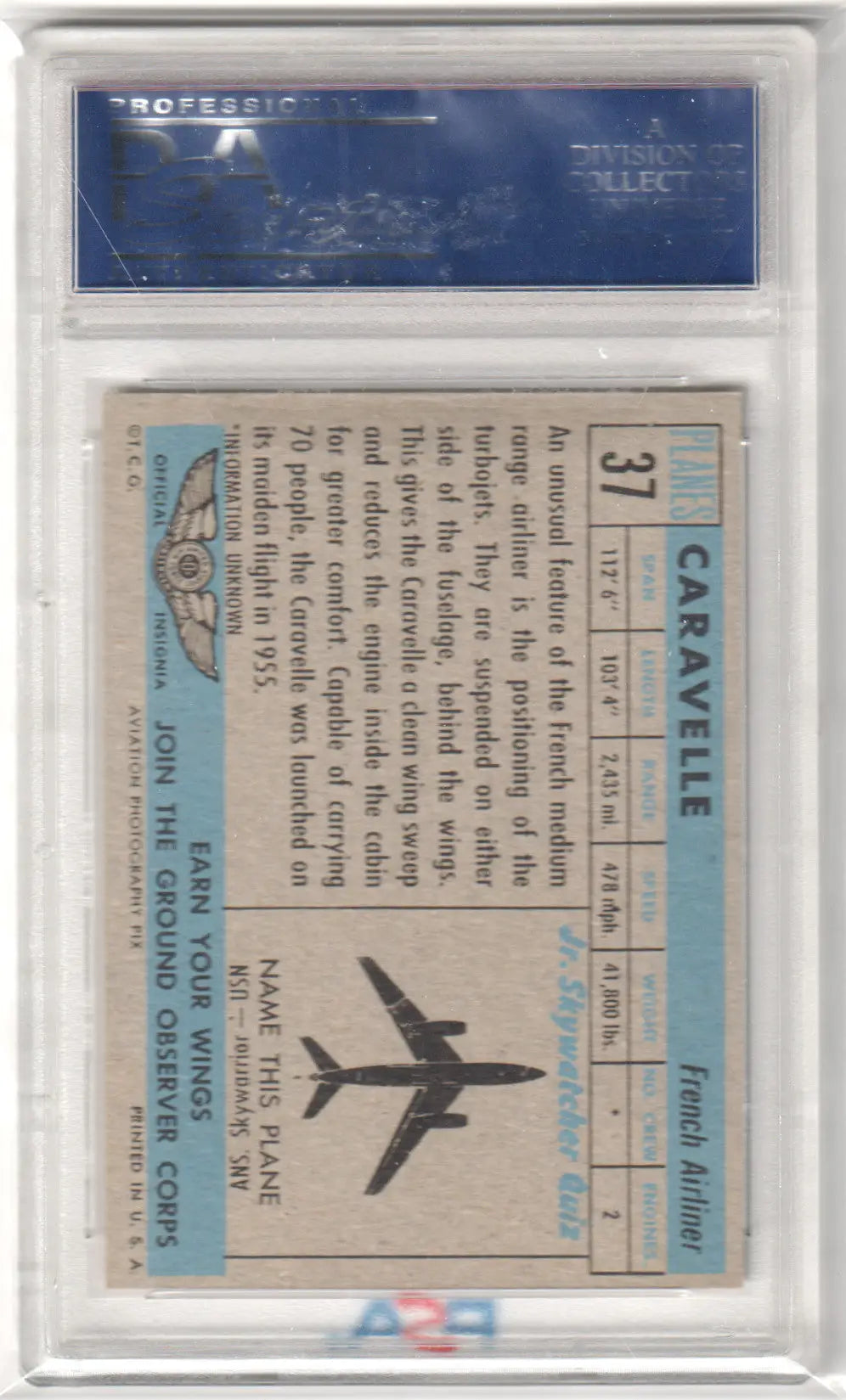 Vintage Caravelle trading card from the 1957 Planes Blue Back series in PSA 7 NM condition