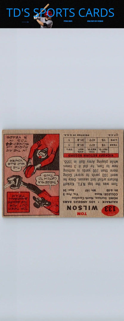 Vintage 1957 Topps #133 Tom Wilson baseball card for collectors of trading cards