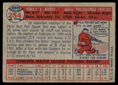 Vintage 1957 Topps #254 Ron Negray baseball card featuring Philadelphia Phillies player