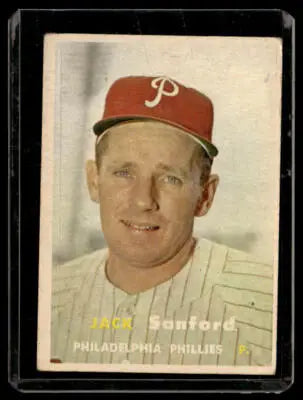 Vintage Jack Sanford baseball card from 1957 Topps #387 featuring Philadelphia Phillies player
