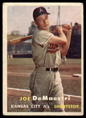 Vintage 1957 Topps #44 Joe DeMaestri baseball card featuring Kansas City Athletics