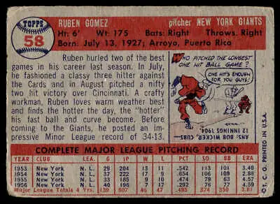 Back of 1957 Topps #58 Ruben Gomez trading card featuring York Giants player stats