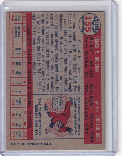 Vintage Topps Baseball card of Jim Brosnan in a protective sleeve, Chicago Cubs player