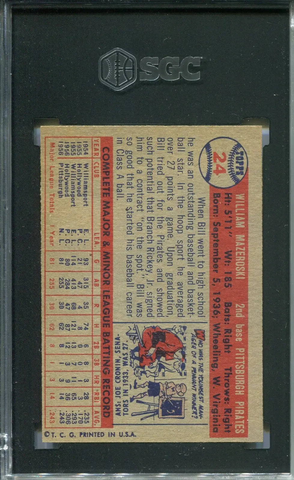 Vintage William Mazeroski rookie card in black slab from 1957 Topps baseball collection