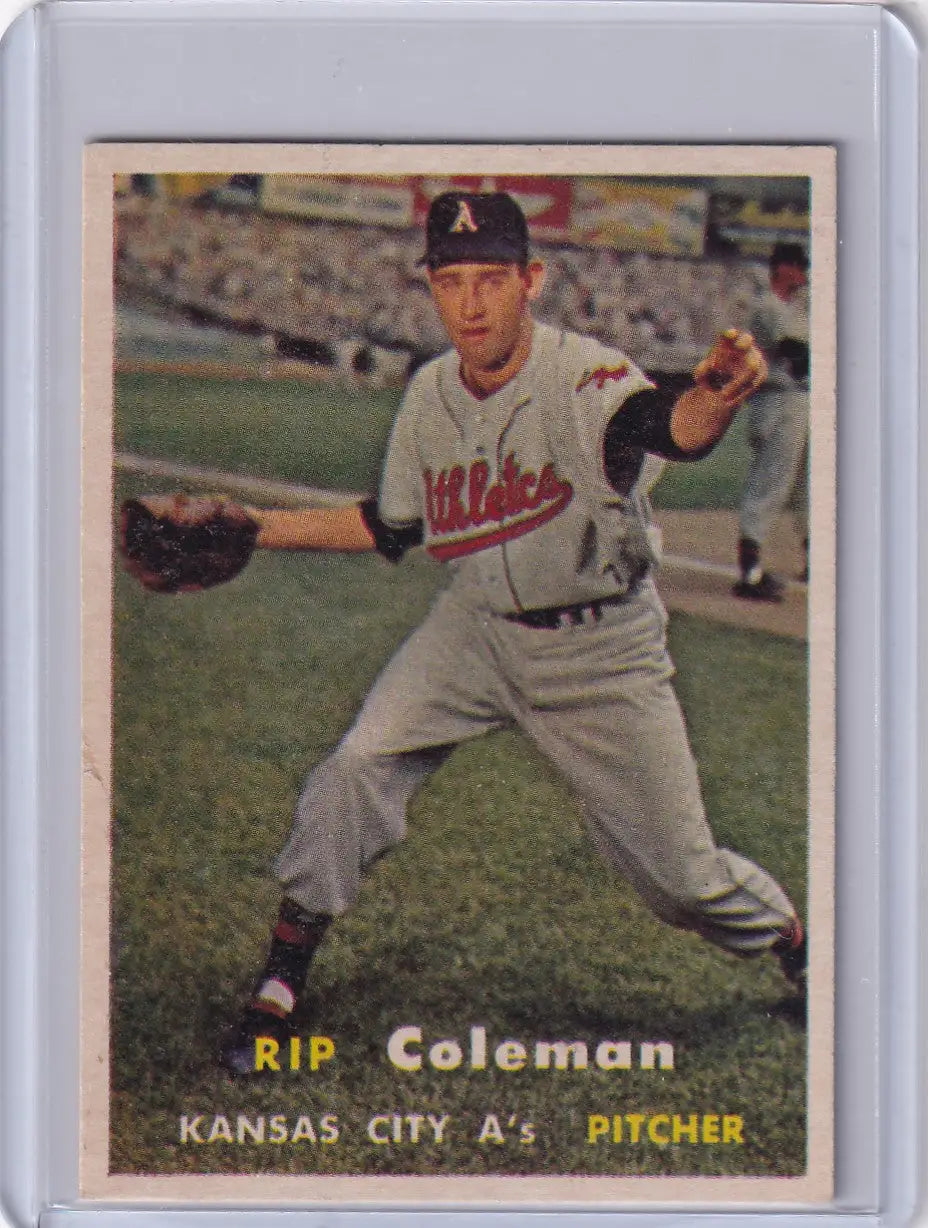 Vintage 1957 Topps Baseball card featuring Rip Coleman of the Kansas City Athletics