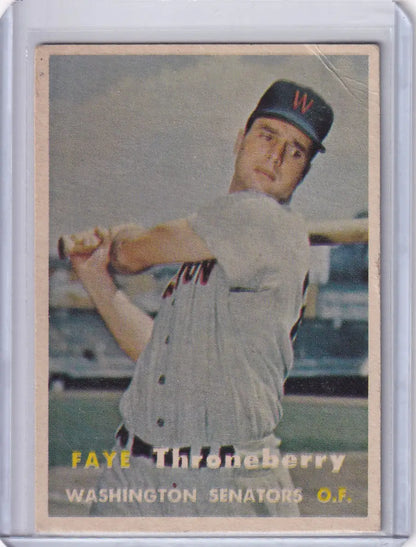 Vintage Topps Baseball card of Faye Throneberry from Washington Senators 1957 series