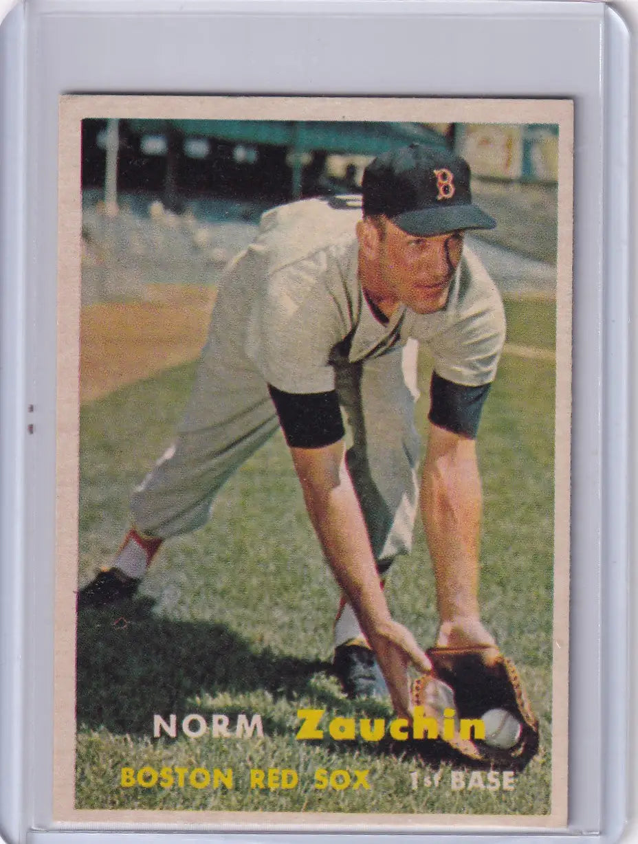 Vintage 1957 Topps Baseball card of Norm Zauchin in a Boston Red Sox fielding pose