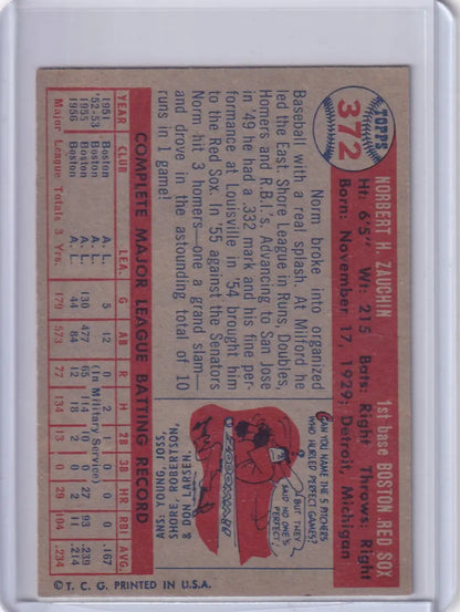Vintage 1957 Topps Baseball card featuring Norm Zauchin of the Boston Red Sox